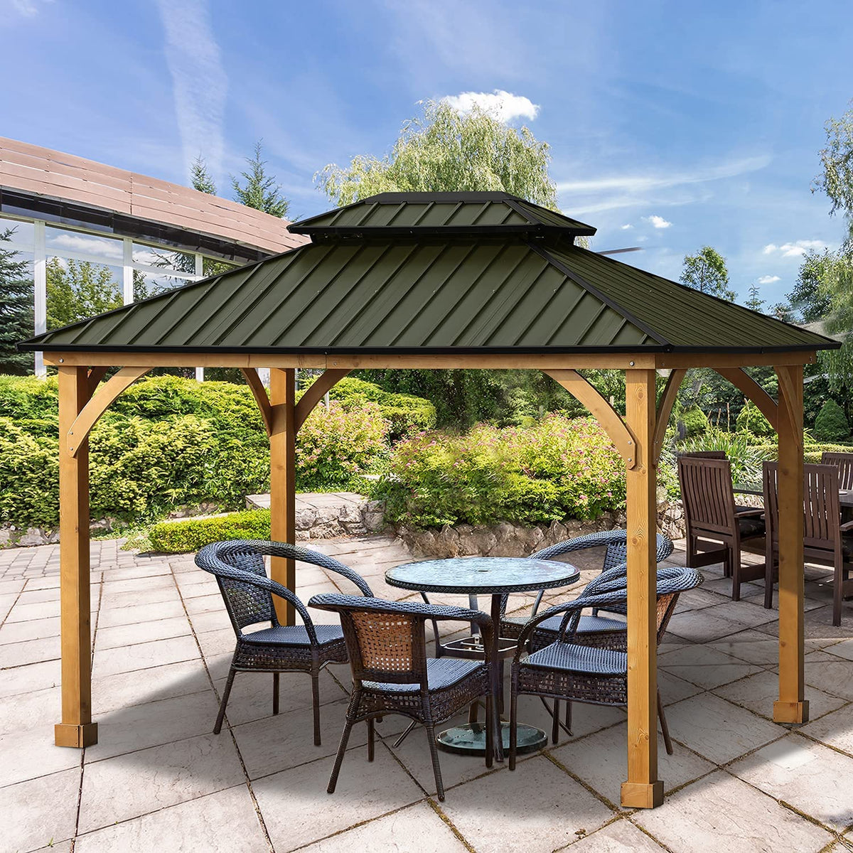 Green 10 x 12 ft. Solid Wooden Gazebo with Hardtop Roof G19112