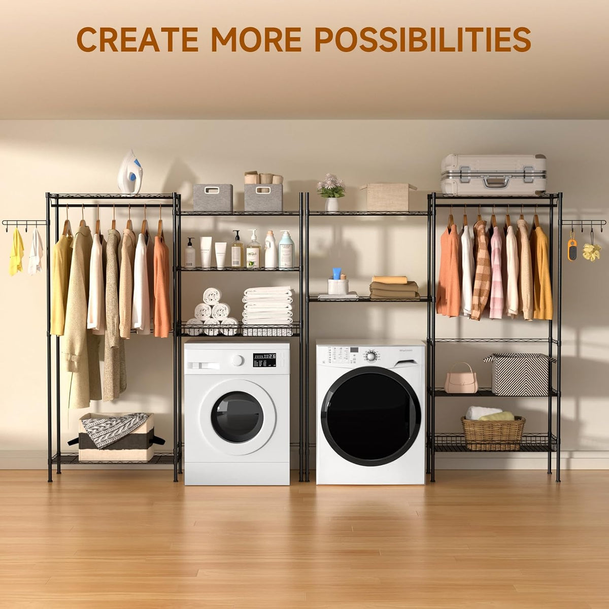 Over The Washer and Dryer Laundry Room Storage Shelf with Adjustable Shelves, Wire Basket, and Rotatable Hooks R51877