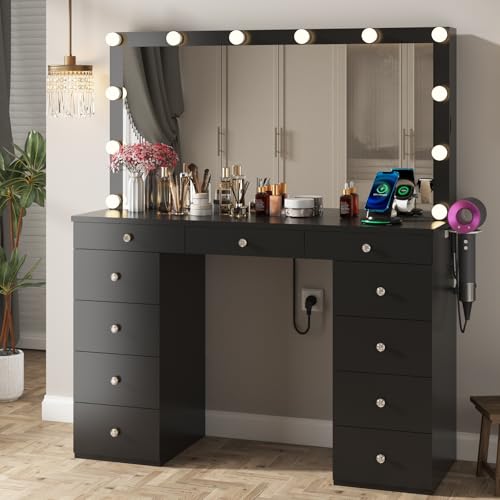 White Vanity Desk with Mirror and Lights, 11 Drawers, Charging Station B979