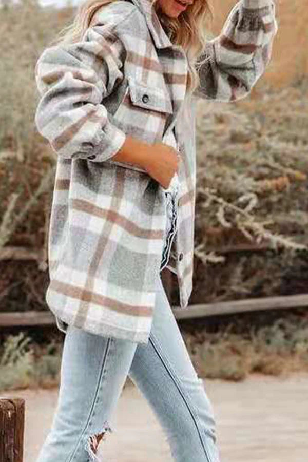 Plaid Pocket Buckle Turndown Collar Outerwear H80502