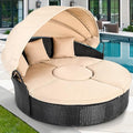 Light Brown Beige Outdoor Wicker Daybed with Retractable Canopy Q58185
