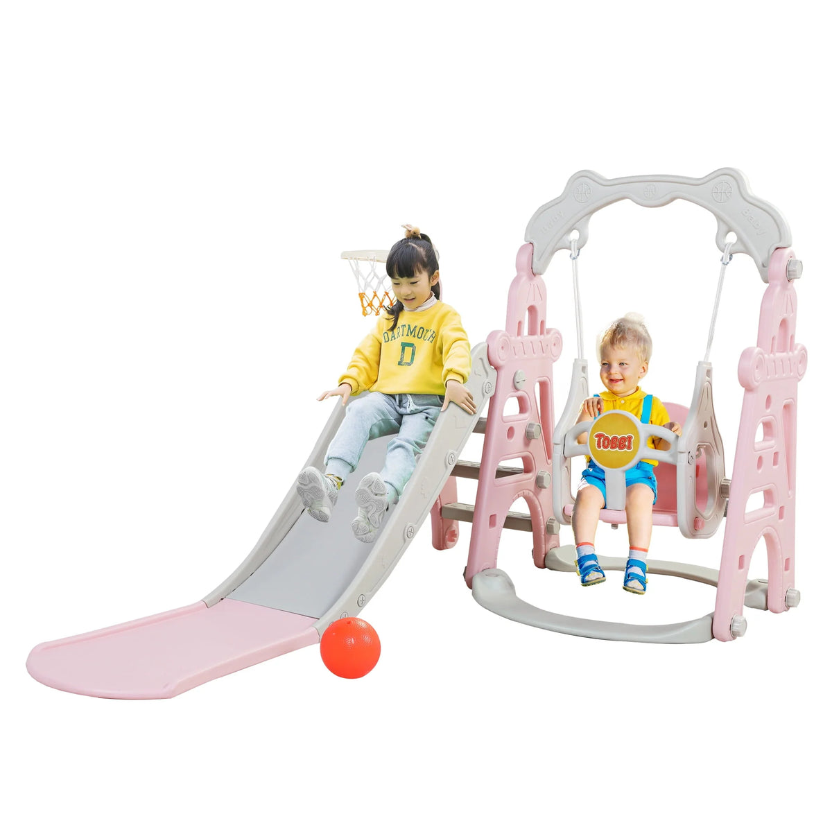 4 in 1 Slide and Swing Set with Basketball Hoop Y862579
