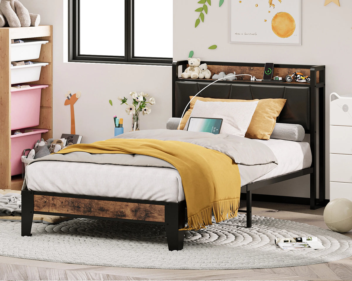 King Metal Bed Frame with Black Storage Headboard P184211