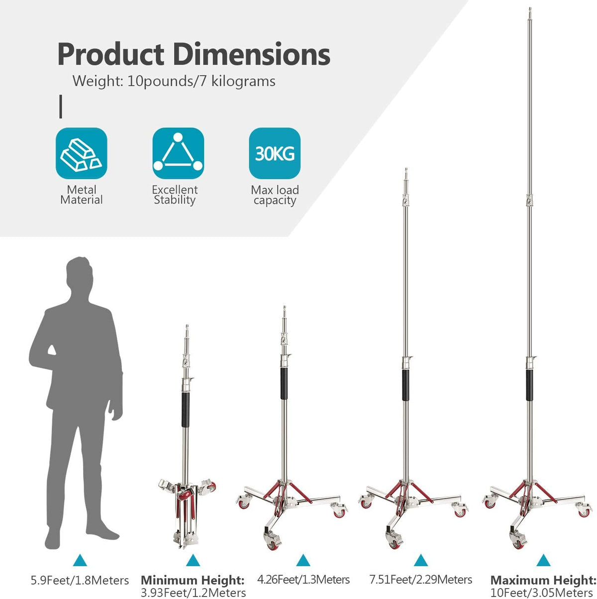 Heavy Duty Light Stand with Casters, Adjustable Tripod Stand, 100% Stainless Steel, Max Height: 10ft/305cm R370023