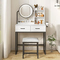 White Vanity Desk with Round Mirror and Lights and Hair Dryer Rack (Brown and Black, 15.75 * 31.5 * 53.6in) V229