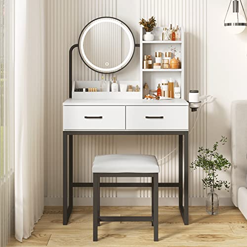 White Vanity Desk with Round Mirror and Lights and Hair Dryer Rack (Brown and Black, 15.75 * 31.5 * 53.6in) V229