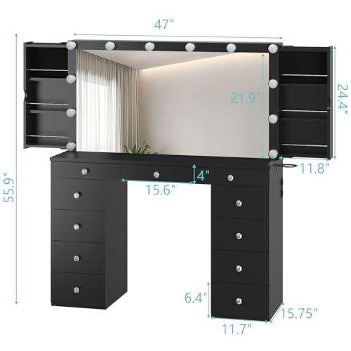 White Vanity Desk with Mirror and Lights, 11 Drawers, Charging Station B979