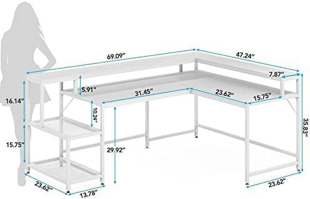 69 Inch L Shaped Desk with Monitor Stand Black U595
