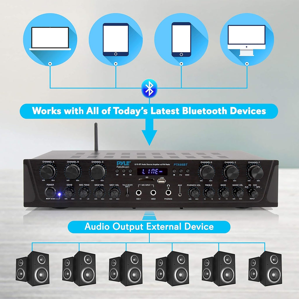 6 Channel 600 Watt Bluetooth Stereo Receiver Amplifier with Digital LCD T99219