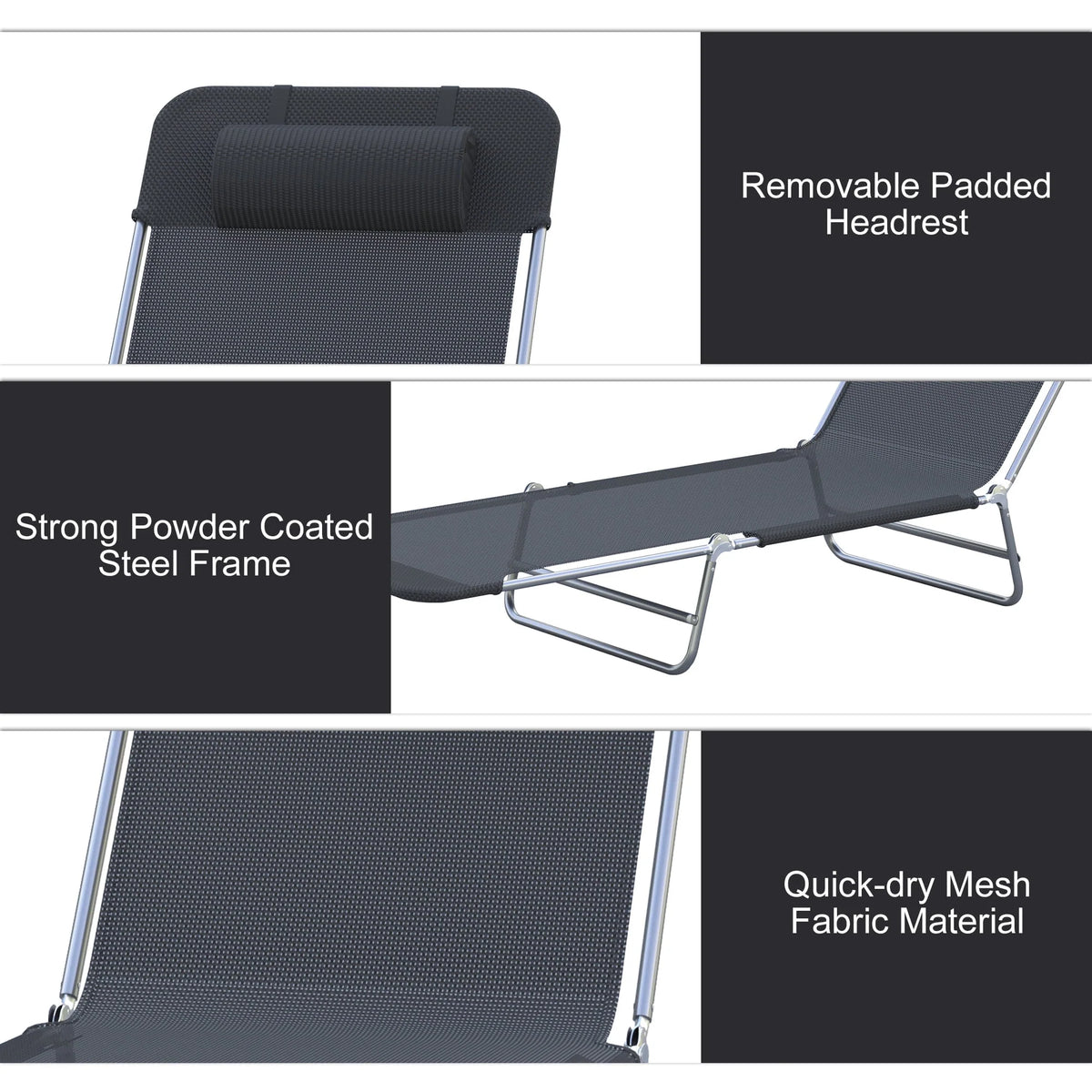 Folding Chaise Lounge Pool Chairs with Pillow, Steel Frame & Breathable Mesh, Black H8262