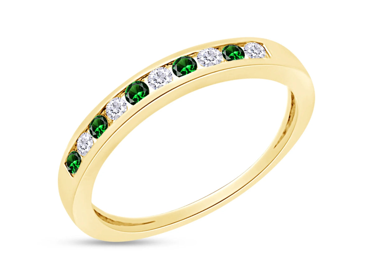 Round Cut Simulated Green Emerald And White Natural Diamond Stackable Wedding Band Ring In 14K Yellow Gold Over Sterling Silver Z80267