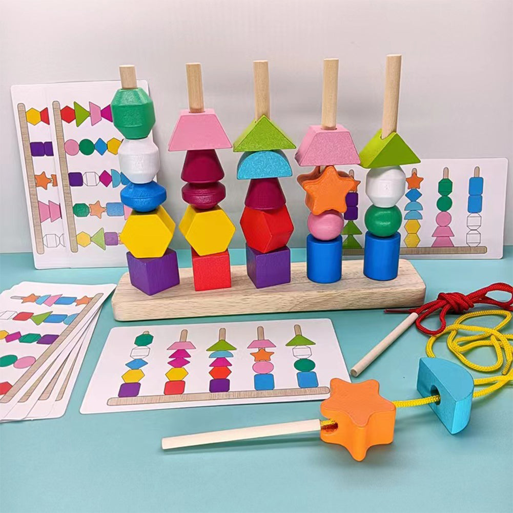 Wooden Stacking Blocks Lacing Beads Shape Matching Toy M3454