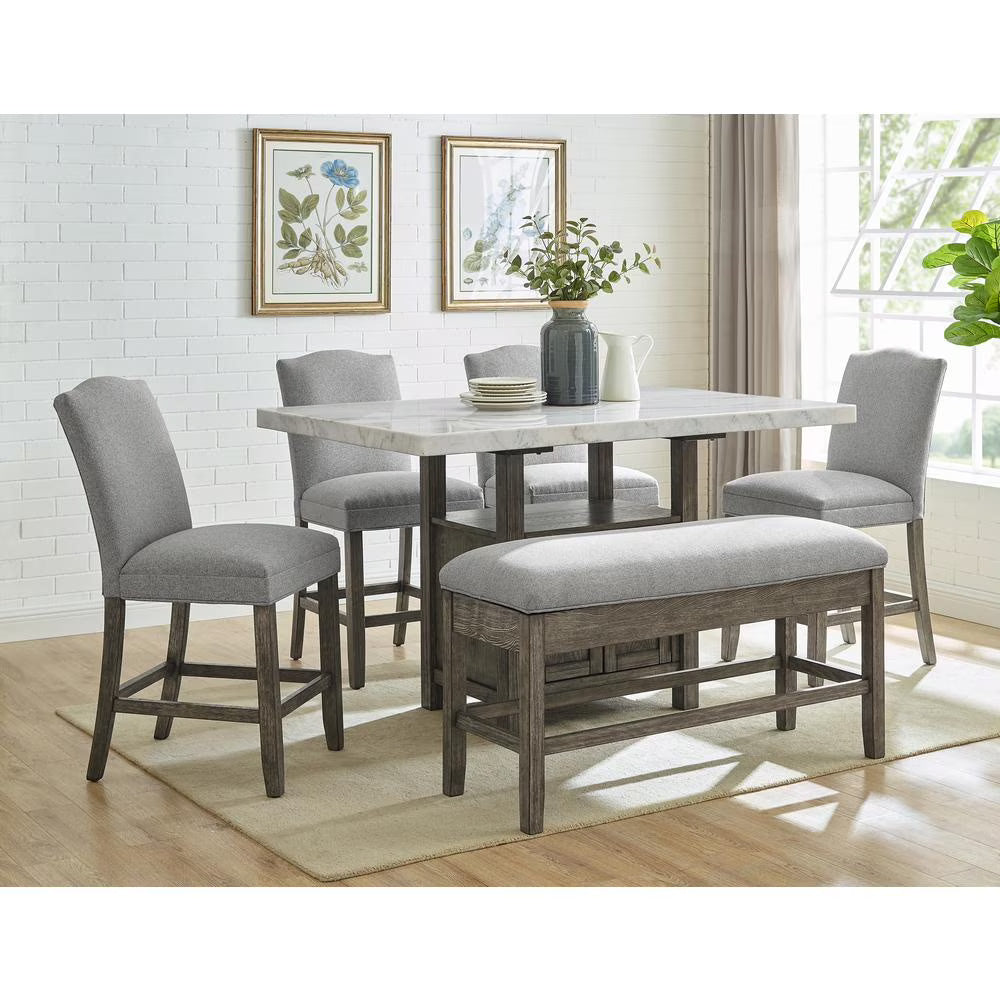 White Marble and Driftwood 6-Piece Counter Height Set I425492