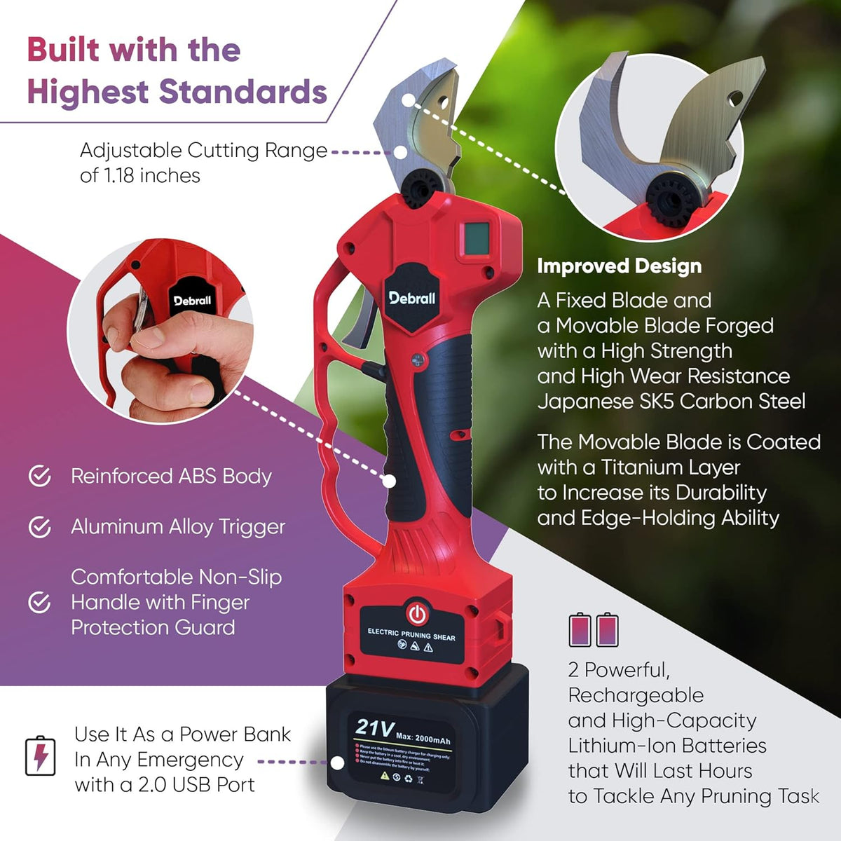 Electric Pruning Shears 21V SK5 Carbon Steel Blades 30 mm Cutting Diameter C983142
