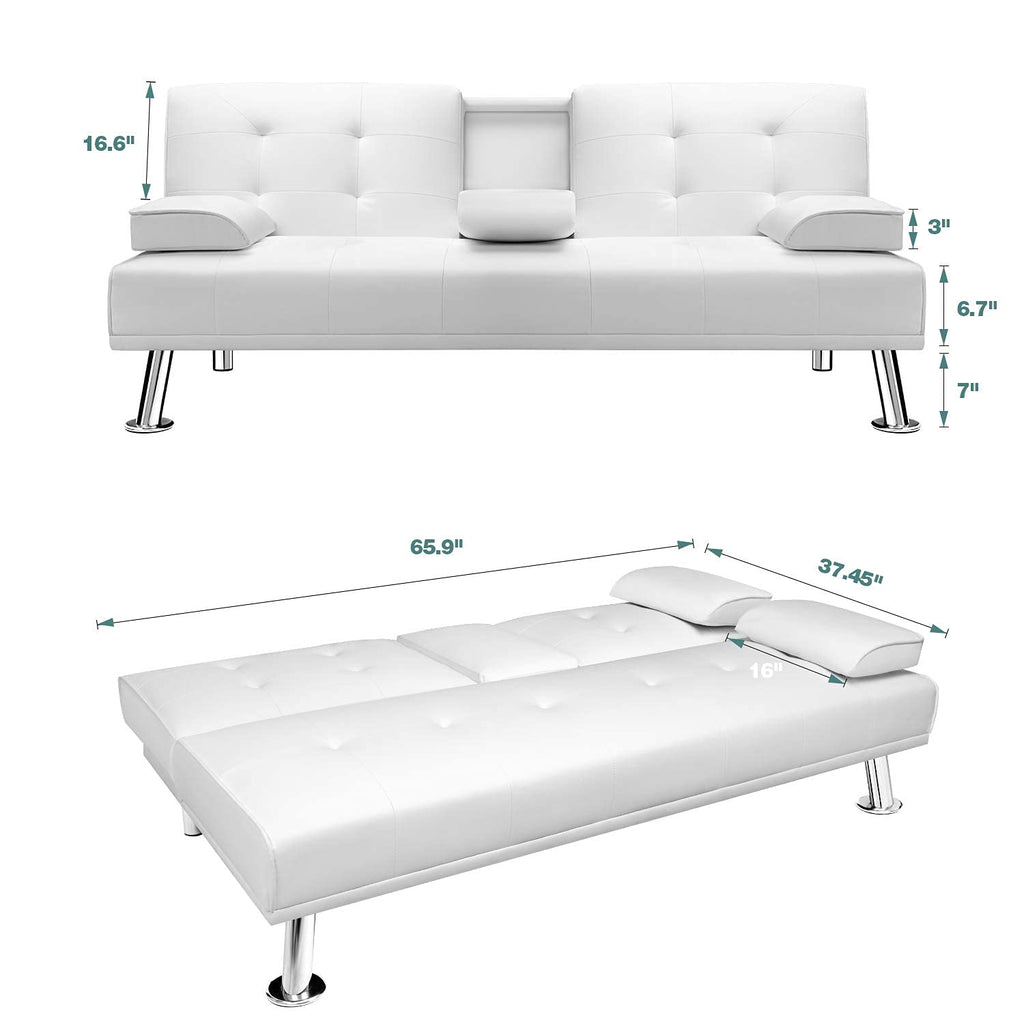White Faux Leather Sofa Bed with Cup Holders L7347