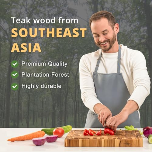 Teak Wood End Grain Cutting Board with Juice Groove Hand Grip (Medium 18x14x1.5 inches) M2824