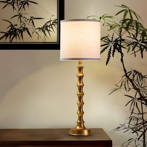 Gold Table Lamp Set of 2 Metal Bamboo Shape Linen White Shade W737