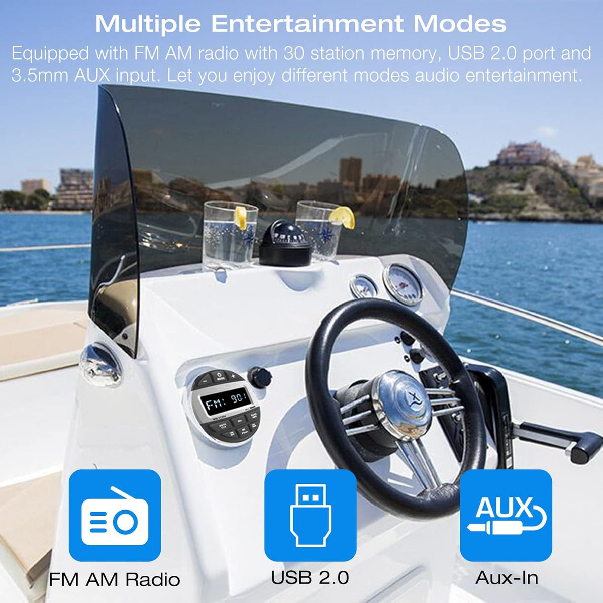 Waterproof Marine Grade Bluetooth Boat Stereo Receiver with FM AM Radio, USB, AUX-in, MP3, Subwoofer, Pre-Amp & EQ R206946