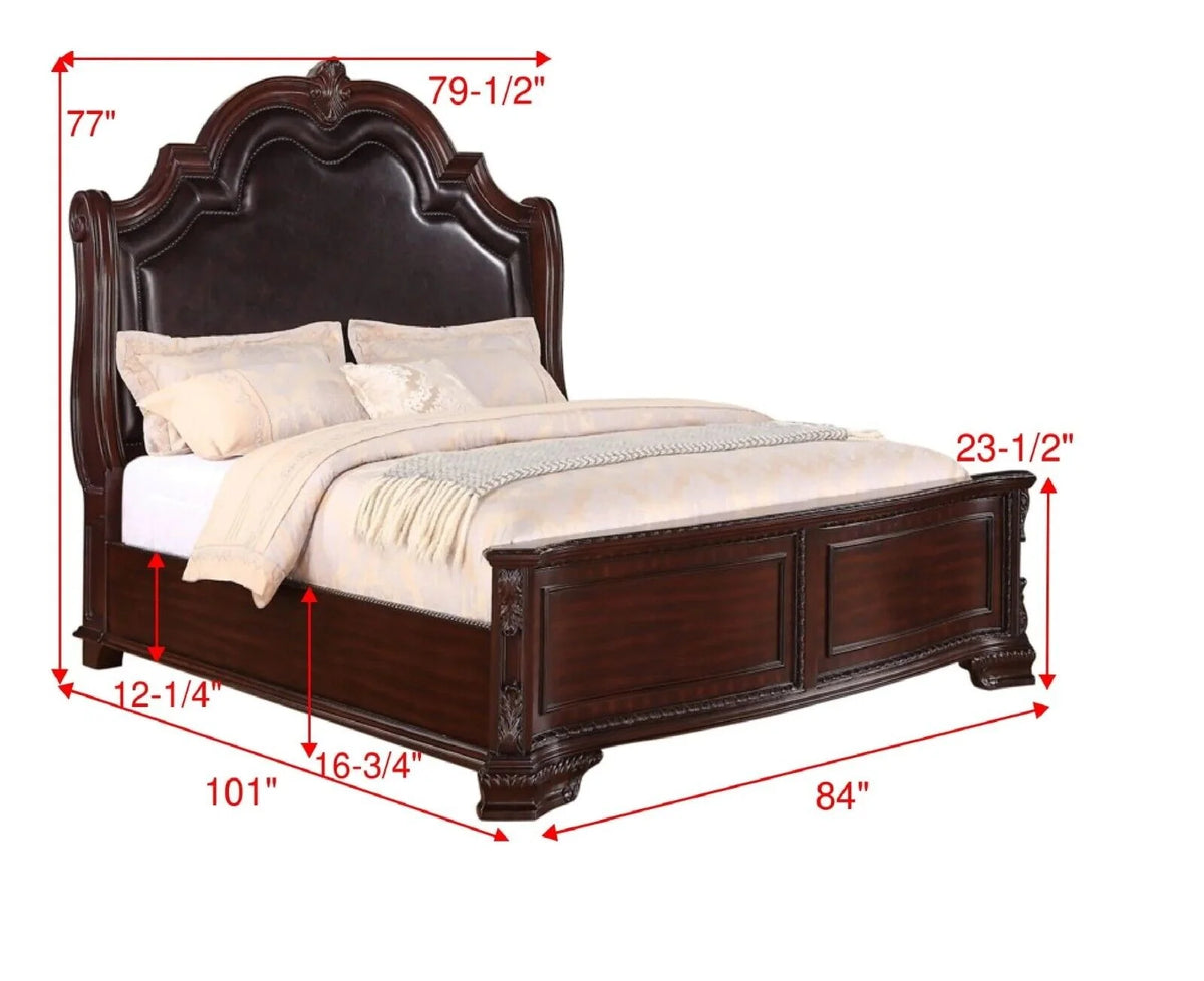 King Panel Bed Set Brown Wooden Faux Leather G6237