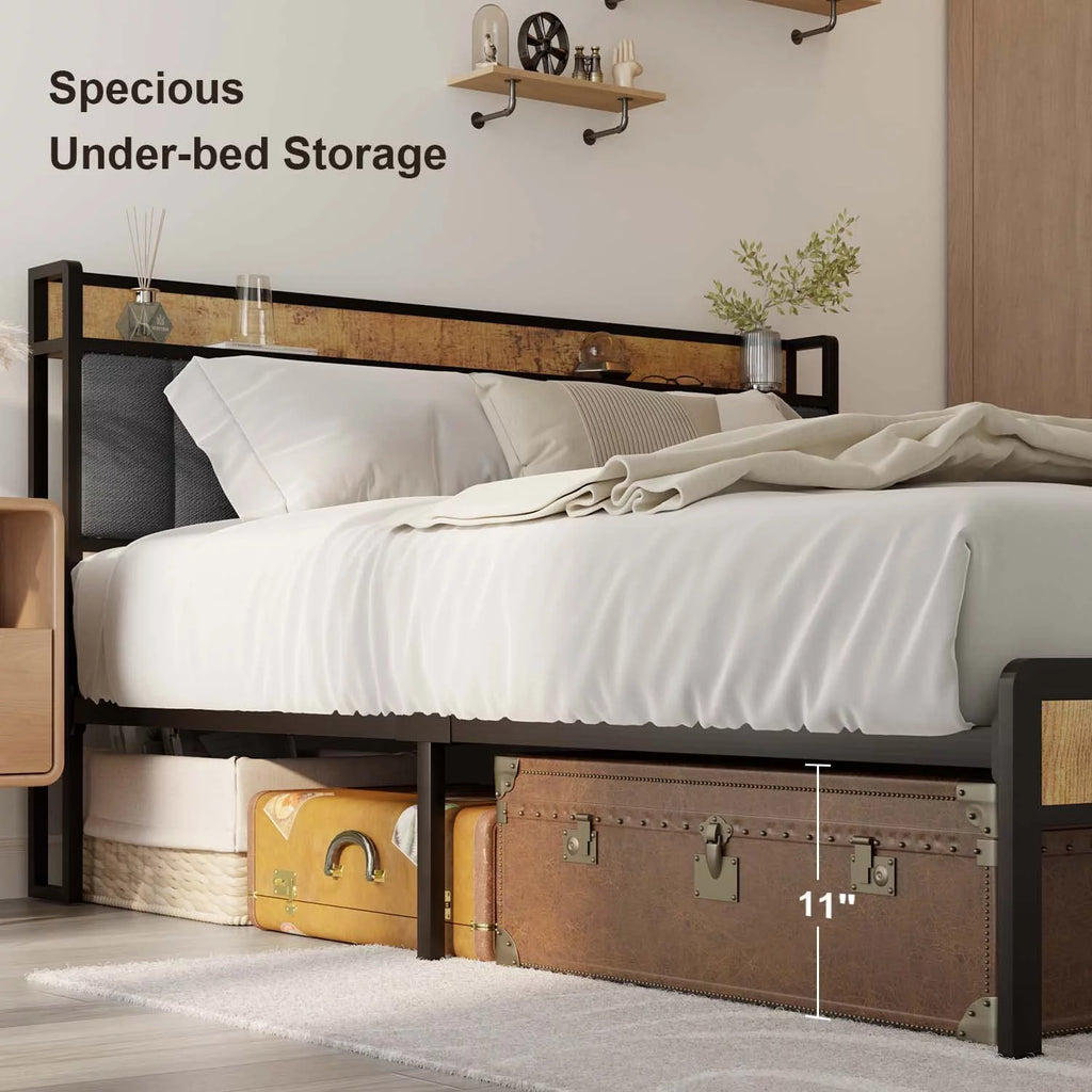 King Size Metal Bed Frame with Storage Headboard P572895
