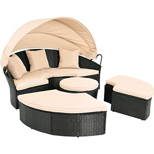 Light Brown Beige Outdoor Wicker Daybed with Retractable Canopy Q58185