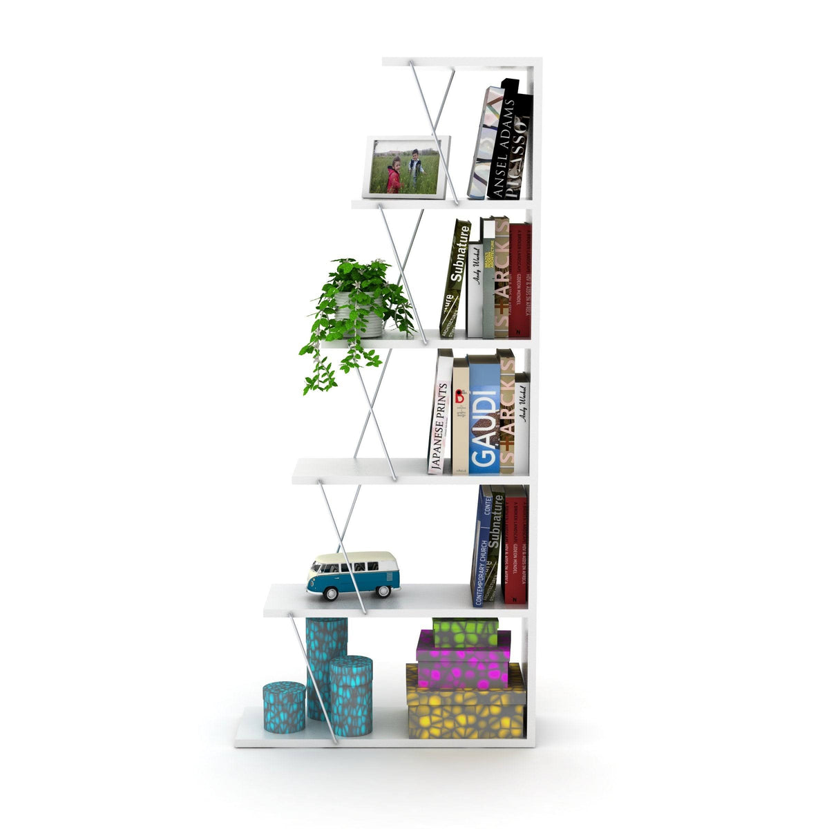Chrome-White 5-Shelf Angled Bookcase B25354