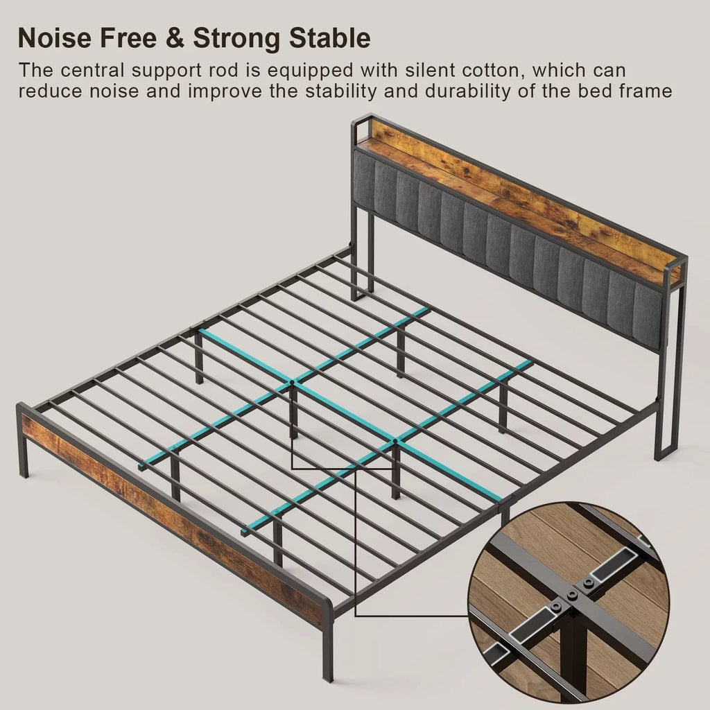 King Size Metal Bed Frame with Storage Headboard P572895