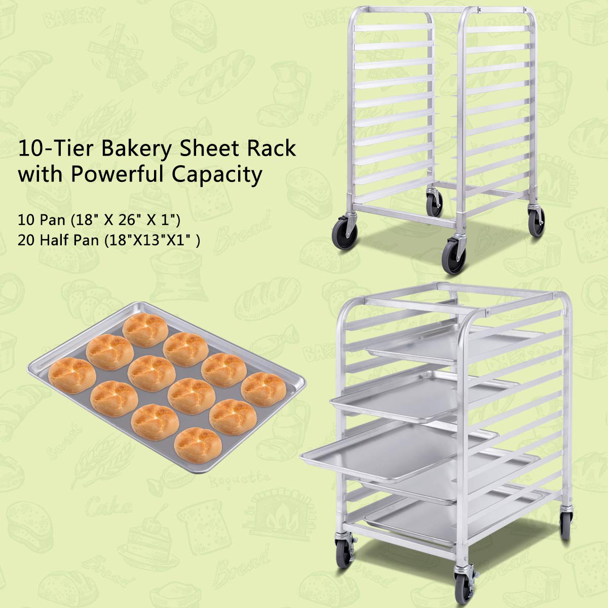 10 Tier Aluminum Bakery Rack with Lockable Casters P52893