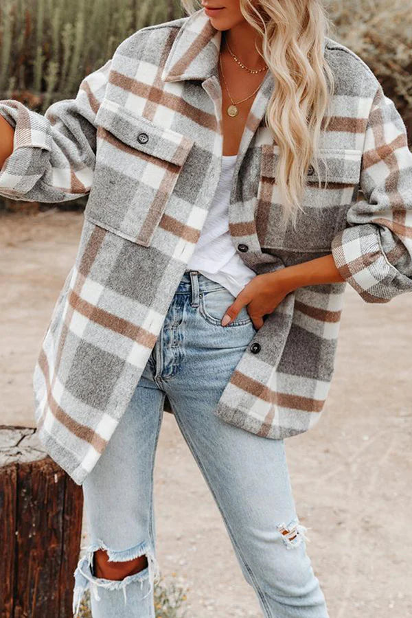 Plaid Pocket Buckle Turndown Collar Outerwear H80502