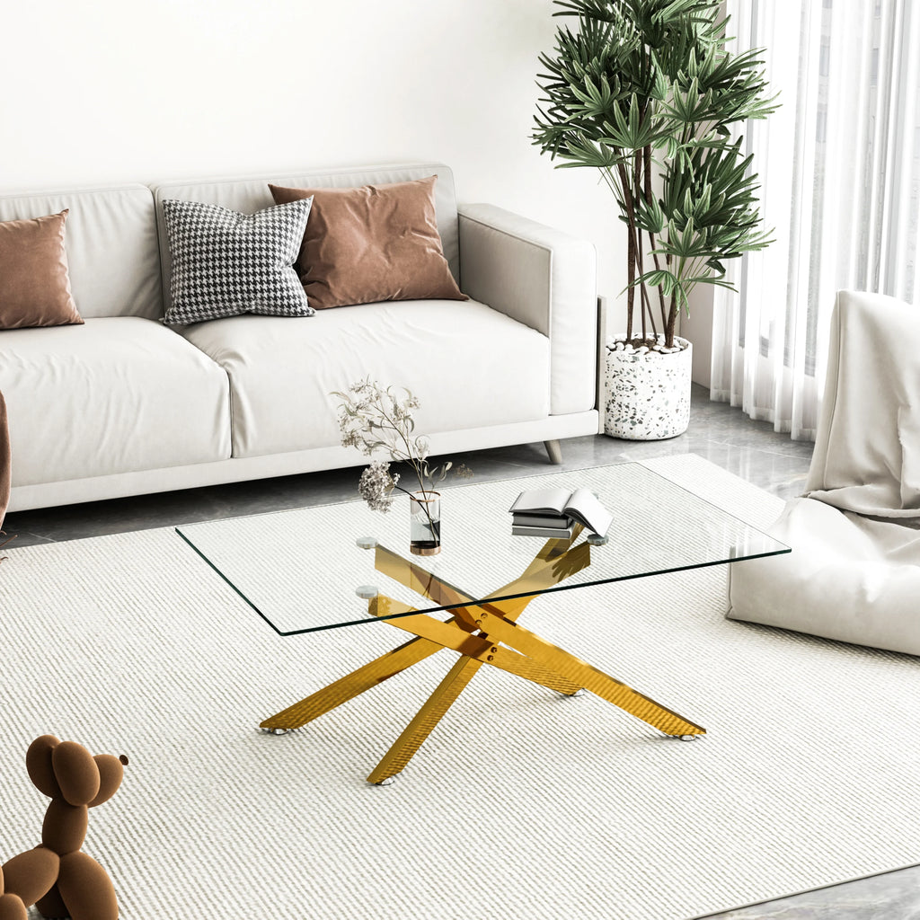 39.4" Rectangular Clear Tempered Glass Coffee Table with Golden Metal Legs R6141