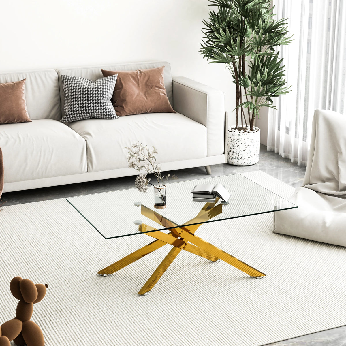 39.4" Rectangular Clear Tempered Glass Coffee Table with Golden Metal Legs R6141