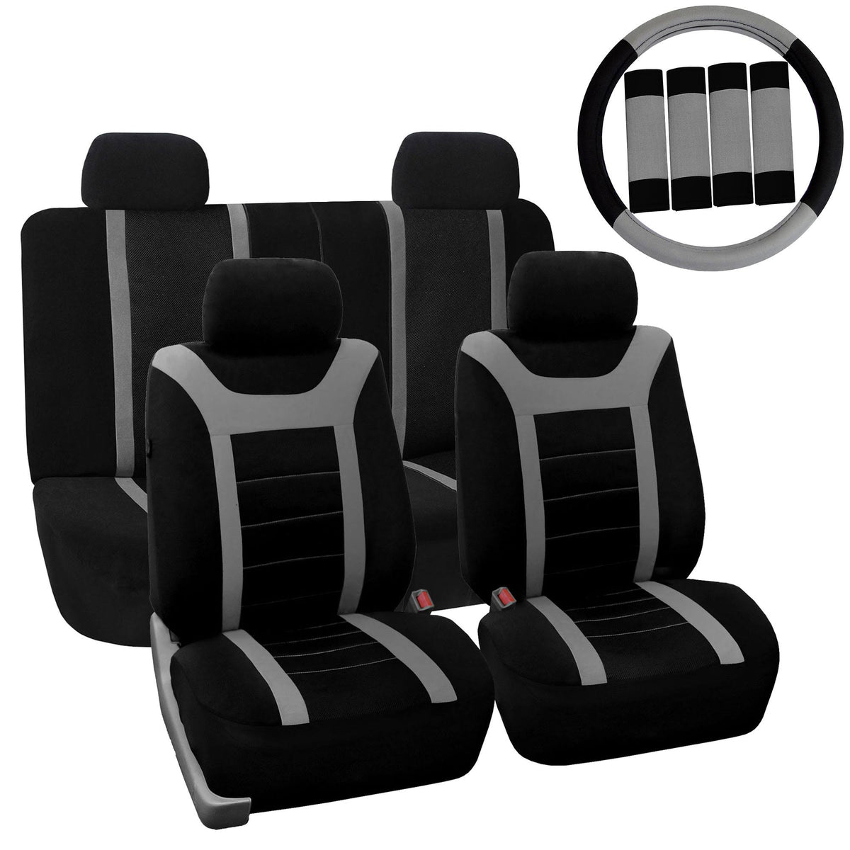 Gray Black Full Set Car Seat Covers with Steering Cover & Belt Pads R92120