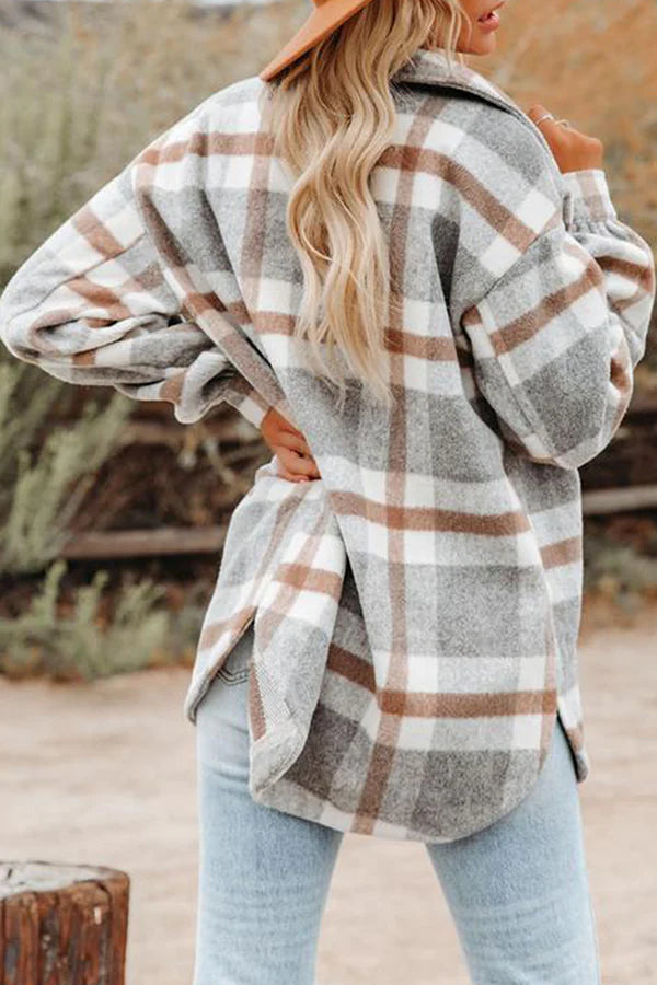 Plaid Pocket Buckle Turndown Collar Outerwear H80502