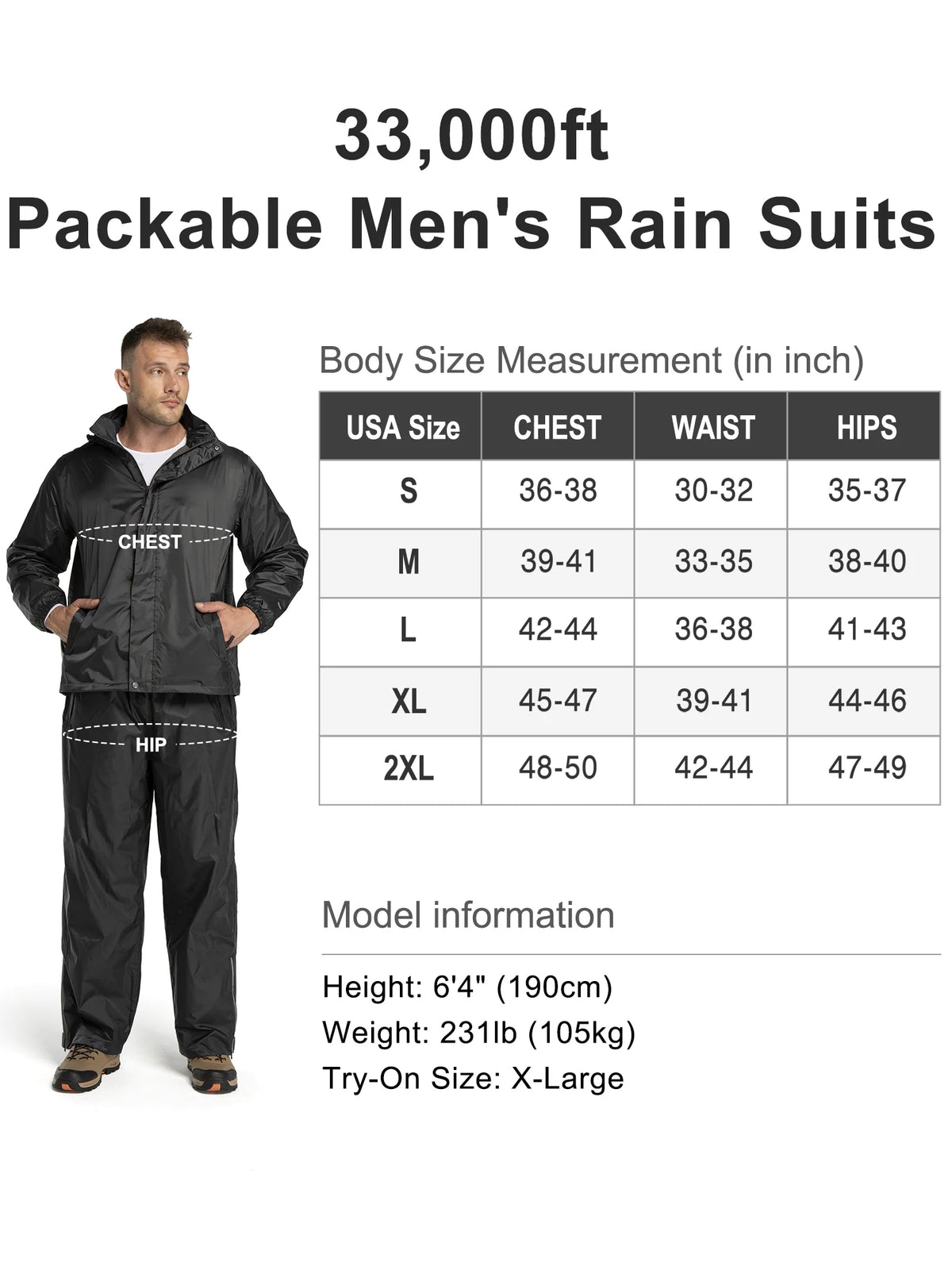 Black Large Waterproof Rain Suit with Hideaway Hood U354