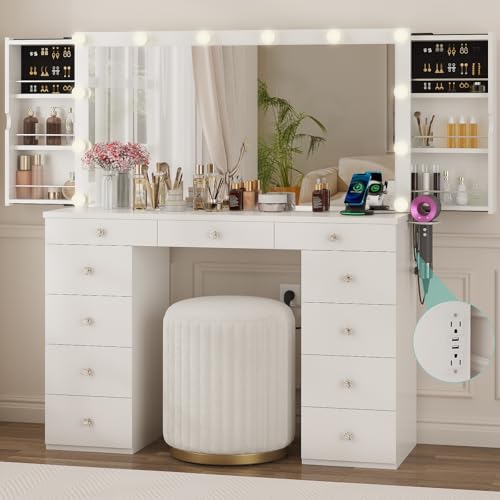 White Vanity Desk with Mirror and Lights, 11 Drawers, Charging Station B979