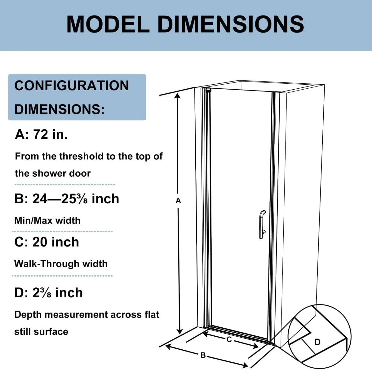 24-25.5 W x 72 H Black Hinged Pivot Clear Glass Shower Door B183959