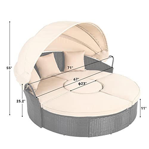Light Brown Beige Outdoor Wicker Daybed with Retractable Canopy Q58185