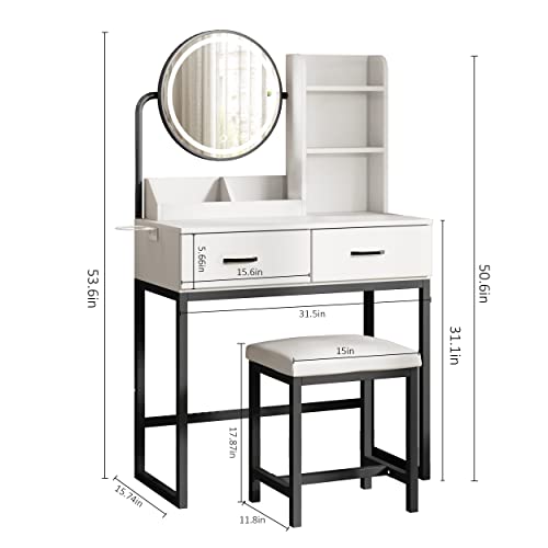White Vanity Desk with Round Mirror and Lights and Hair Dryer Rack (Brown and Black, 15.75 * 31.5 * 53.6in) V229