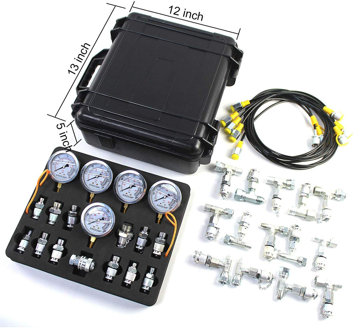 Hydraulic Pressure Test Kit with 5 Gauges, 5 Test Hoses, 13 Couplings and 14 Tee Connectors E51029