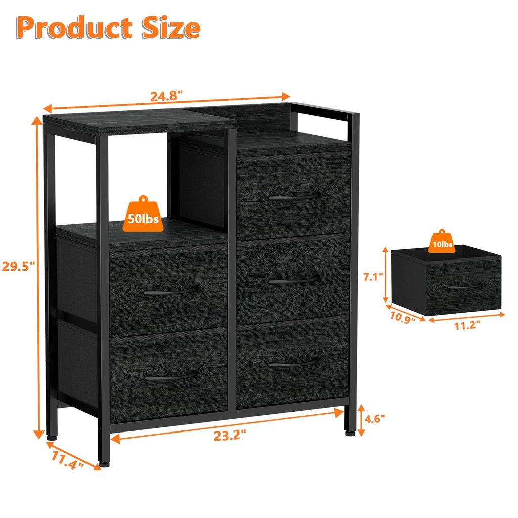 5 Fabric Drawers Rustic Brown Dresser with Shelves M9762