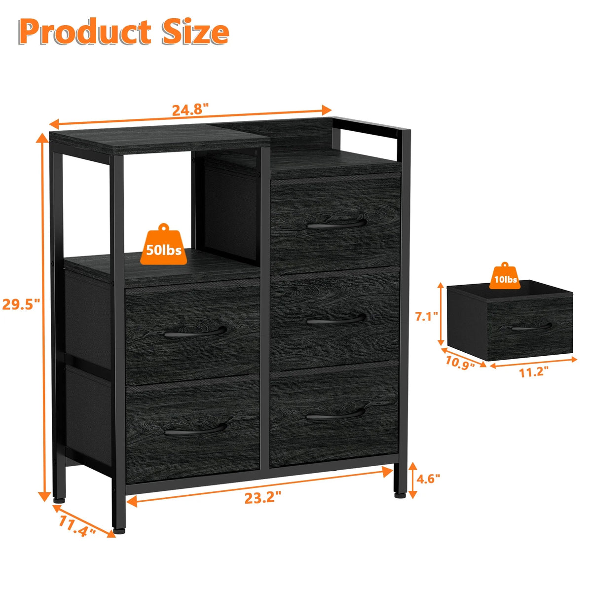 5 Fabric Drawers Rustic Brown Dresser with Shelves M9762