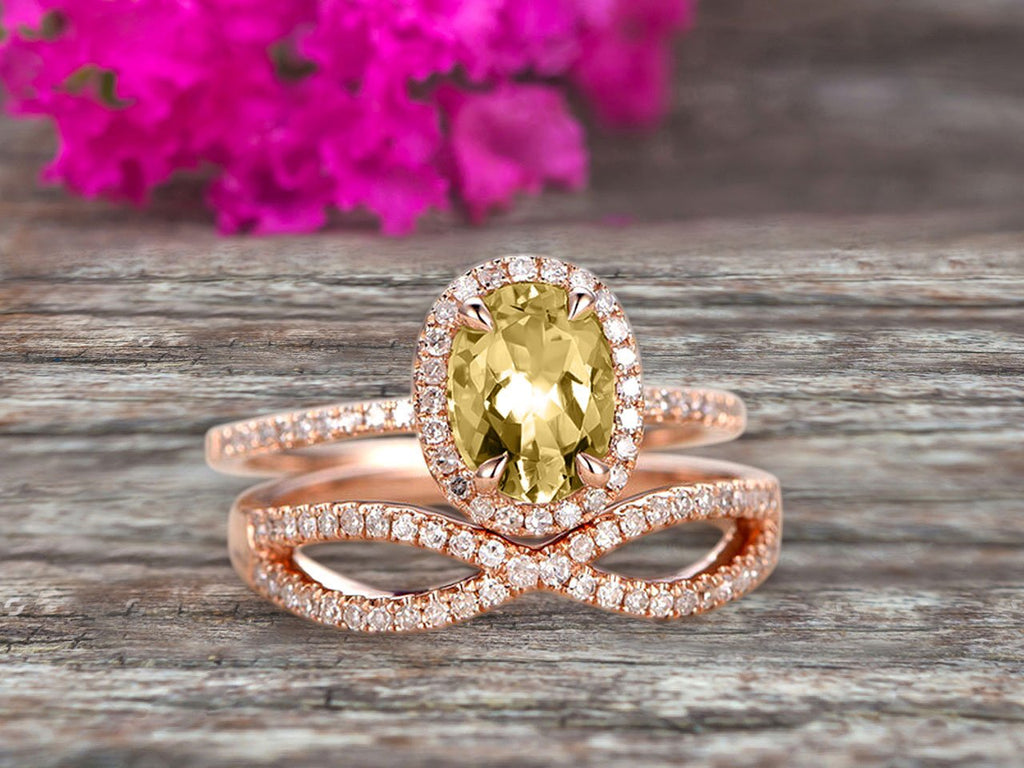 Oval Cut Champagne Diamond Moissanite Engagement Ring Set On 10k Rose Gold B361894