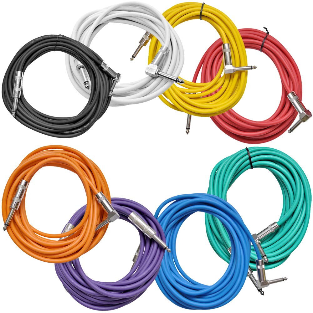 8 Pack of 20 Foot Multi-Color 1/4 Inch TS Right Angle to Straight Guitar Cables S2784