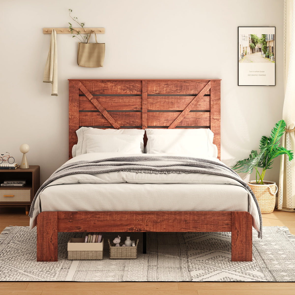 Queen Size Dark Brown Wood Bed Frame with Headboard M37480
