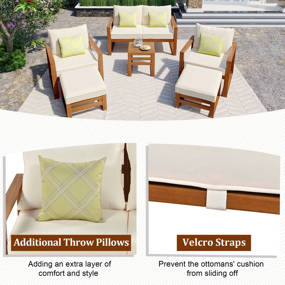 6-Piece Wood Outdoor Patio Conversation Set with Ottomans and Cushions O709