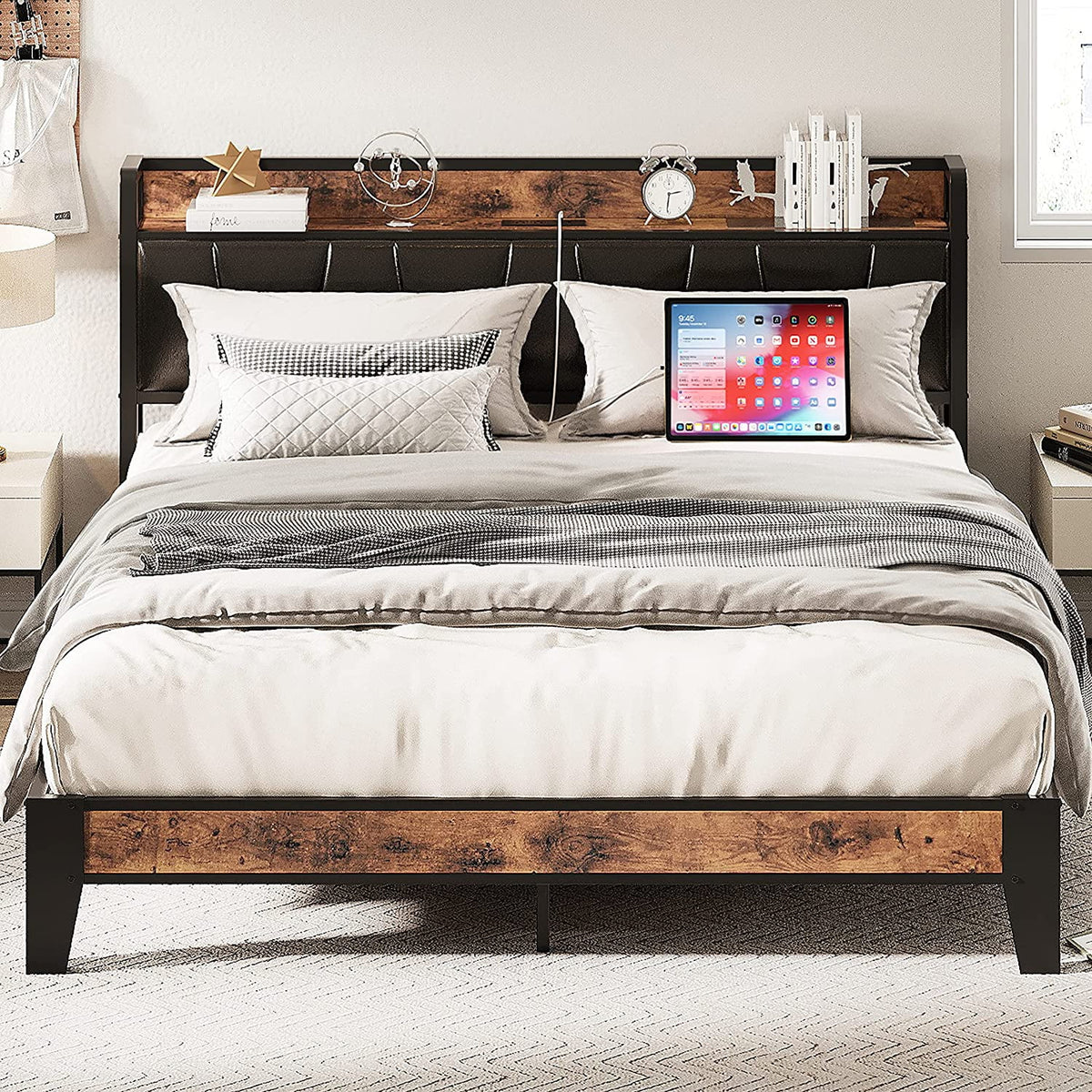 King Metal Bed Frame with Black Storage Headboard P184211
