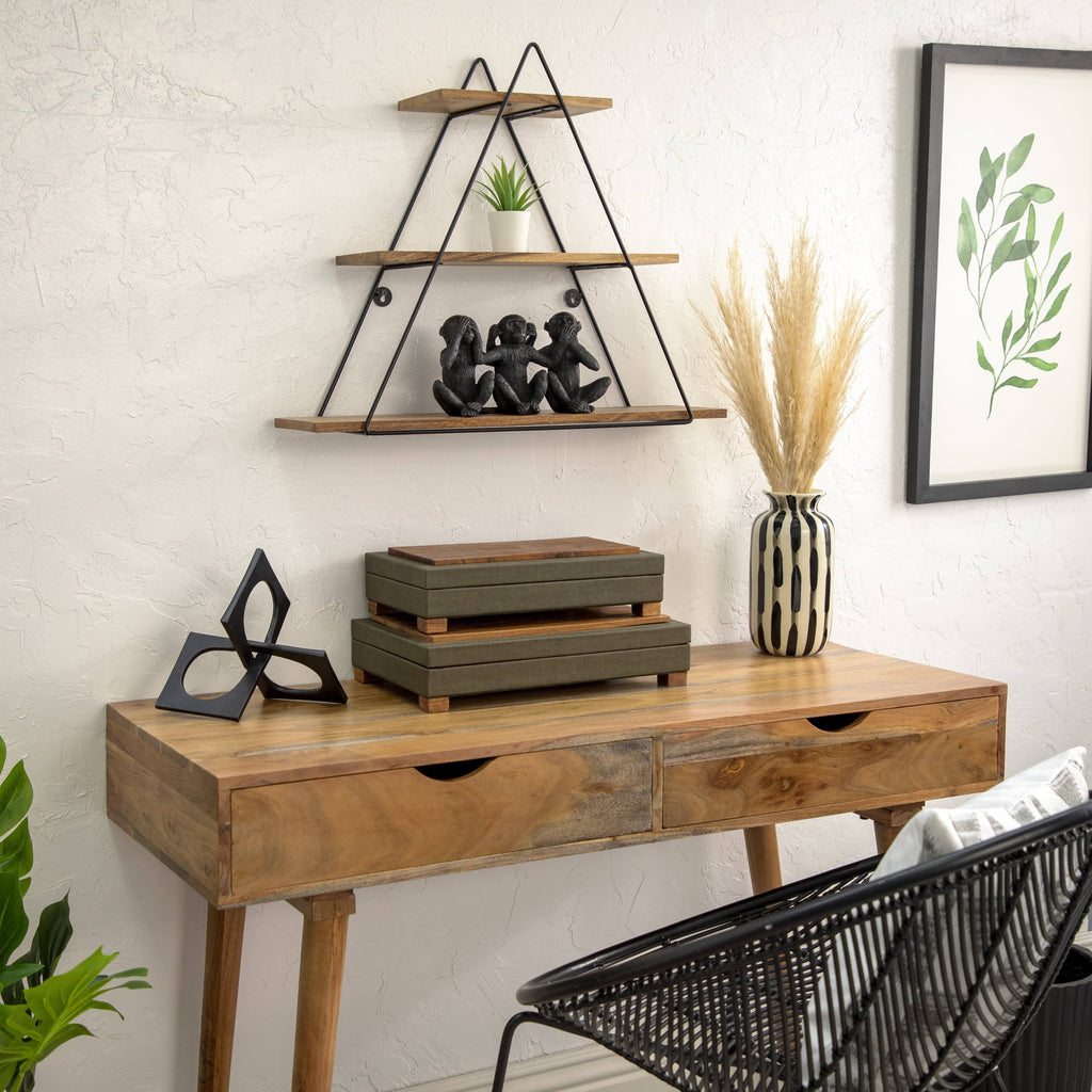 Brown Metal Wood Triangle Wall Shelf P139469