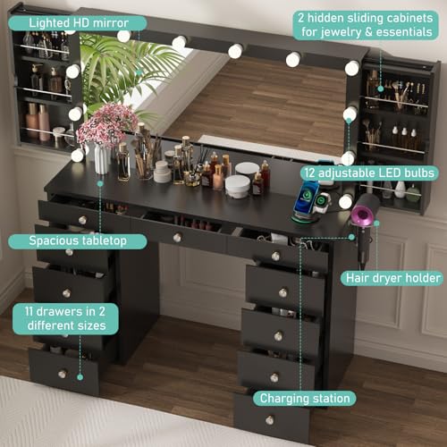 White Vanity Desk with Mirror and Lights, 11 Drawers, Charging Station B979