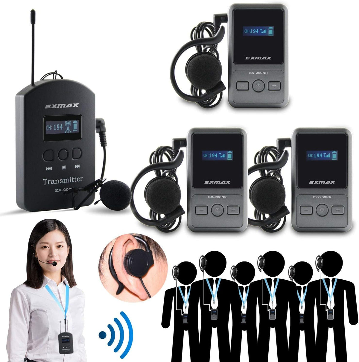 UHF Wireless Tour Guide Device 200 Channels 1 Transmitter & 3 Receivers U20648