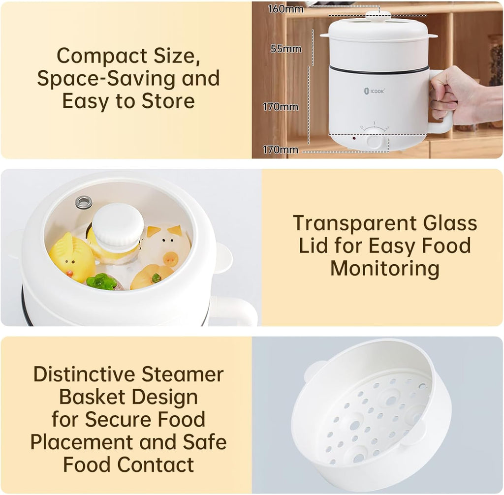 White Electric Mini Ramen Cooker 1.2L Nonstick 300W/600W T405